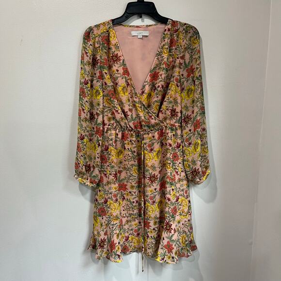 Loft Long Sleeve Floral Wrap Mini Dress Pink Fall Wedding Guest XS - Picture 1 of 8